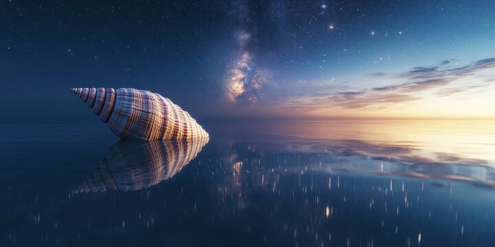 A large seashell floats in still water at twilight with stars
