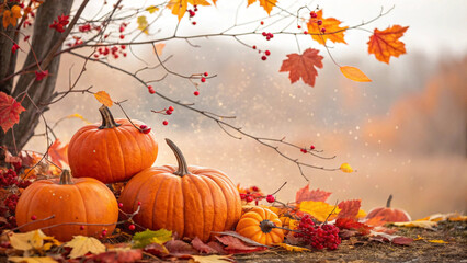halloween pumpkin with leaves on a wooden background