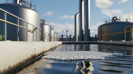 Obraz premium Wastewater treatment Concept, Bubbling Water Treatment Tanks for Aerobic Processes Under Clear Sky Environment