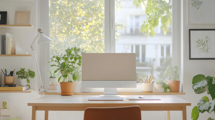 Fototapeta premium bright and serene home office featuring modern computer, plants, and natural light. workspace is inviting and organized, perfect for productivity and creativity