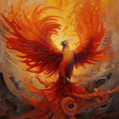 Fiery Phoenix Rising from Flames with Eruptive Energy and Vivid Colors