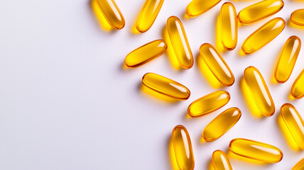 Softgels filled with golden oil are scattered across light surface, creating vibrant and appealing visual. These capsules are often associated with health and wellness