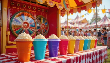 Fototapeta premium Fun fair event amusement park food stalls outdoor colorful perspective