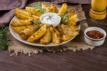 Baked new potatoes with spices and creamy sauce in a plate on a wooden table