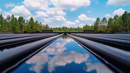 Wastewater treatment Concept, Modern Automated Wastewater Treatment Tanks with Reflective Surfaces under a Blue Sky