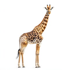 Fototapeta premium A tall, well-proportioned giraffe with a spotted yellowish-brown coat and long neck stands in a realistic side-view portrait, full body on a white background, with small ossicones, dark eyes, 