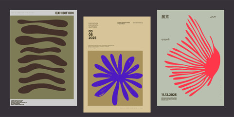 Aesthetic set of modern minimalist posters with abstract leaf compositions and vibrant colors. Ideal for art exhibitions, cover designs, and decorative typography visuals. © Molibdenis-Studio