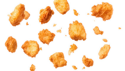 crispy golden-brown chicken nuggets scattered against a white background emphasizing their texture and appealing appearance for food promotion