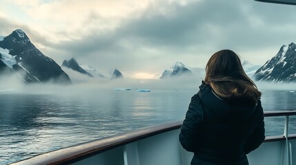 Breathtaking view the deck of a yacht a woman staring at the endless Arctic fjords distant mountains disappearing into the mist cinematic lighting high resolution detail travel photography perfection