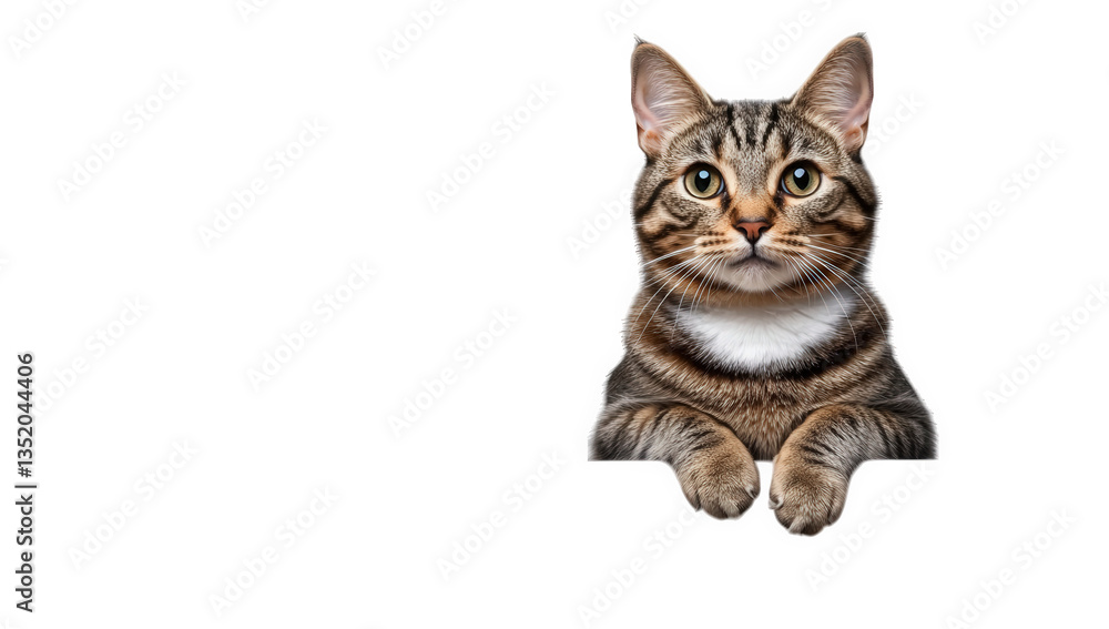 Poster a playful tabby cat rests its paws on a white surface looking directly at the viewer with a blank sp