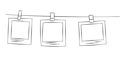 Clothesline with picture frames. Hand drawn vector illustration isolated on white