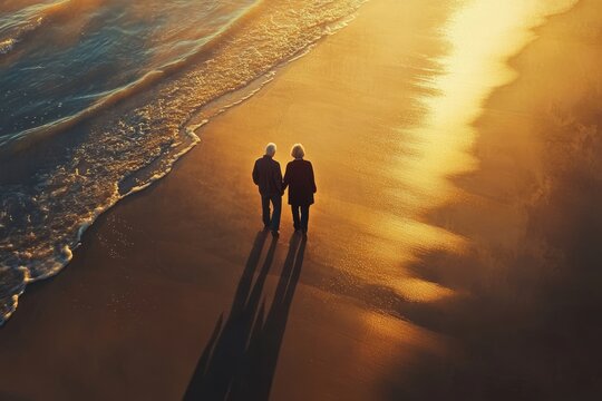 Sand mature couple,beach senior love,ocean aged romance.A senior couple walking along the beach at dusk, with their shadows stretching long behind them, hand in hand
