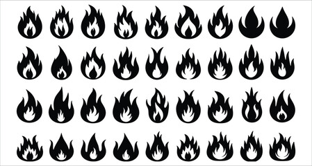 Obraz premium Black flame icon set. Collection of fire symbol silhouettes vector design. Set of black fire flame silhouettes icon vector. Set of fire icons black flame silhouettes vector