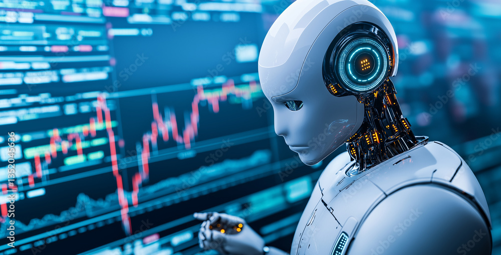 Poster futuristic robot analyzing trading chart, showcasing advanced technology and artificial intelligence