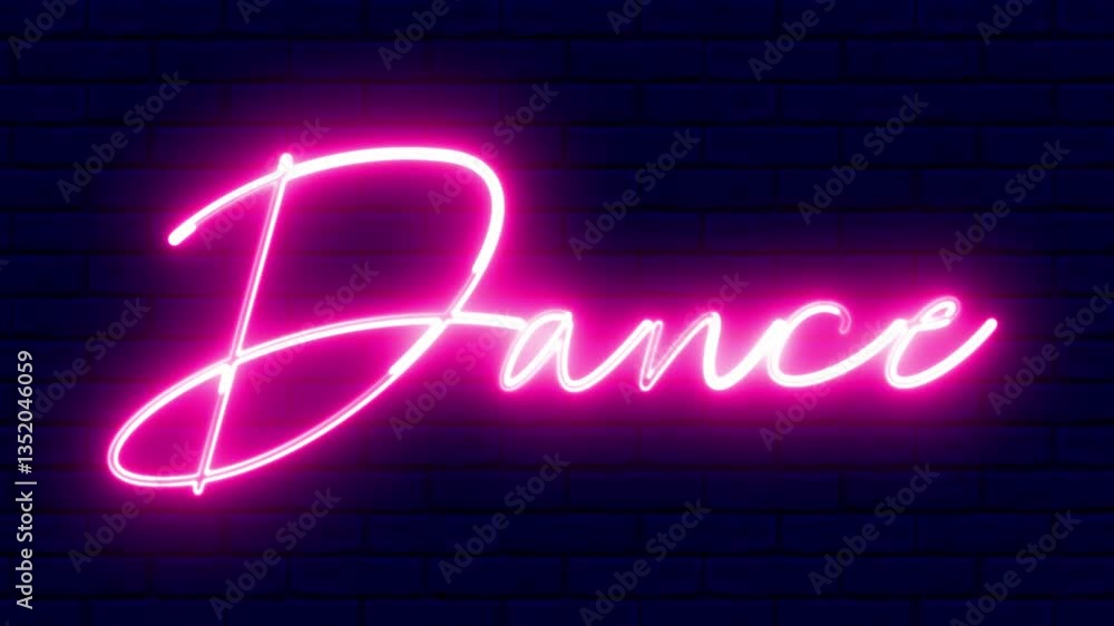 Poster dance neon sign. dance text font with light. luminous and shimmering haze inside the letters of the 