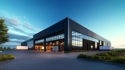 modern warehouse exterior featuring large glass windows and sleek design, surrounded by greenery and clear blue sky, evokes sense of innovation and efficiency