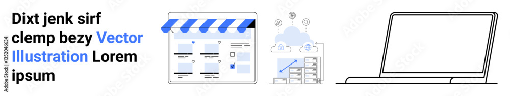 Poster e-commerce web page layout, analytics with cloud and graph elements, outline of a laptop. ideal for 