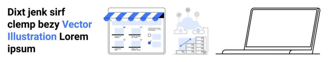 E-commerce web page layout, analytics with cloud and graph elements, outline of a laptop. Ideal for online shopping, digital marketing, cloud computing, data analysis, business presentations, web