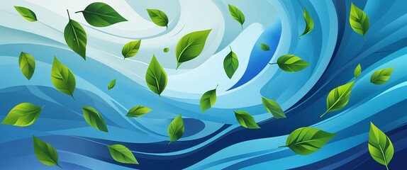 Fototapeta premium Random green leaves floating on swirling blue gradient backdrop