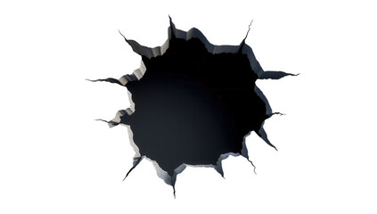 3d illustration of a large jagged hole in a white surface suggesting a dramatic breach or impact creating a sense of depth and intrigue