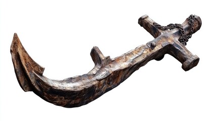 Obraz premium Aged ship anchor isolated on white background. Rusty and weathered metal anchor, with a prominent flukes, crosspiece and chain