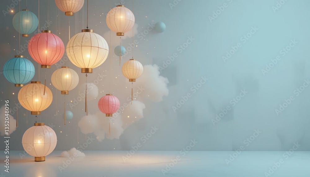 Poster colorful lanterns floating in a serene atmosphere artistic display minimalistic background dreamy en