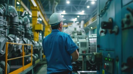 expert consultant checking industrial machinery inside a bright factory