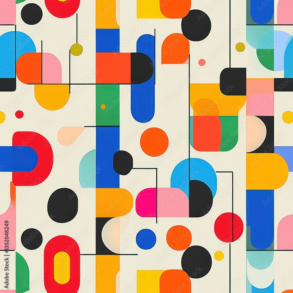 Poster colorful geometric shapes seamless pattern in vintage style with abstract cartoon elements and simpl