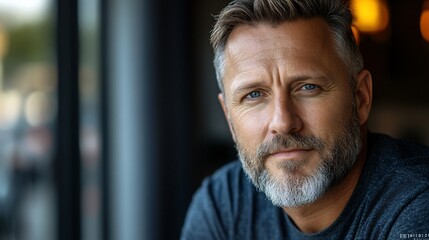 Portrait of a handsome mature man with grey hair and beard, looking directly at the camera.