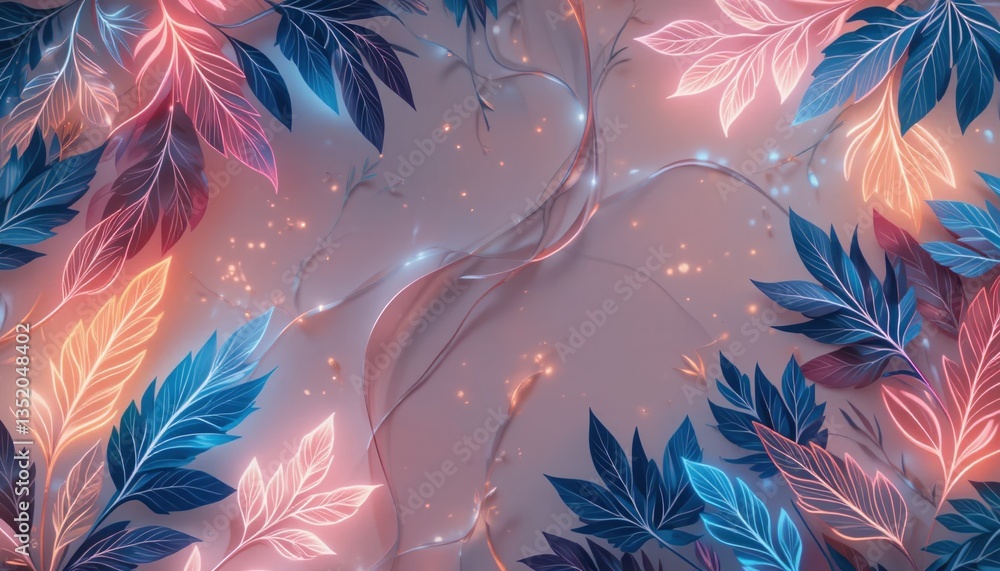 Poster captivating leaf patterns and soft glow digital artwork abstract design vibrant colors close-up view