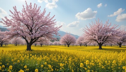 Cherry blossom festival scenic field nature photography spring landscape panoramic view