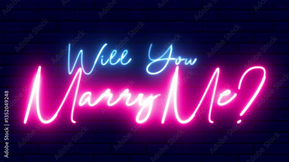Poster will you marry me text font with neon light. luminous and shimmering haze inside the letters of the 