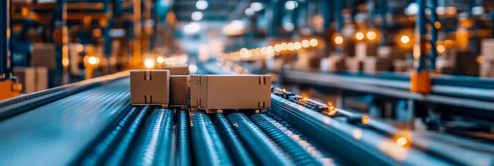 Modern Logistics: Boxes on a Conveyor Belt in a Warehouse Facility
