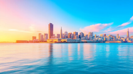 Naklejka premium City skyline sunrise, waterfront reflection, calm bay, urban landscape, travel photography