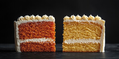 A sweet, baked orange and yellow cake dessert with fluffy frosting, multiple layers of food and cake slices offer a delightful treat.