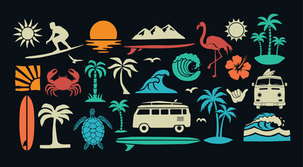 Tropical beach and surf-themed vector set with palm trees, waves, surfboards, a van, flamingos, and ocean elements in a bold black silhouette style. Perfect for t-shirt designs, and branding