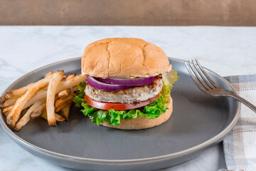 chicken burger with french fries