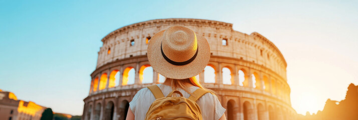 Exploring iconic Colosseum in Rome, traveler admires ancient architecture at sunset, capturing essence of adventure and history