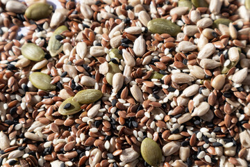 A mixture of different seeds . Sunflower seeds, black and white sesame seeds, flax and pumpkin seeds - all together. Healthy eating.