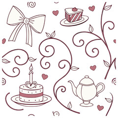 Seamless vector pattern with coquette vintage bows, ribbons, candles, cake, cup, teapot. Whimsical line art background for wedding invitation, valentine day card, poster, wallpaper design vector 