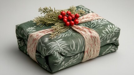 Beautifully wrapped reusable gift with festive decorations showcasing sustainable holiday gifting practices and eco-friendly packaging options