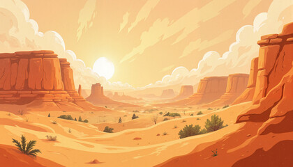 Desert landscape at sunset with golden hues and majestic cliffs  