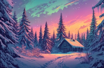 A beautiful snowy landscape with tall trees covered in snow and an old wooden cabin nestled among the pine forest at sunset
