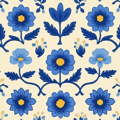 Bold Geometric Floral Pattern Vibrant Blue Cream Scandinavian Folk Art Seamless Design Illustration