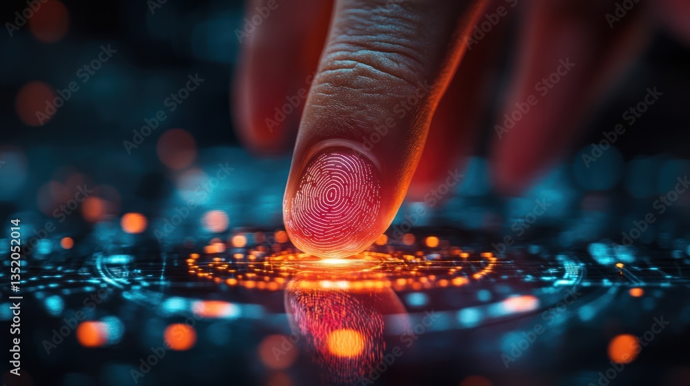 Poster finger scanning futuristic tech; glowing interface background; security access