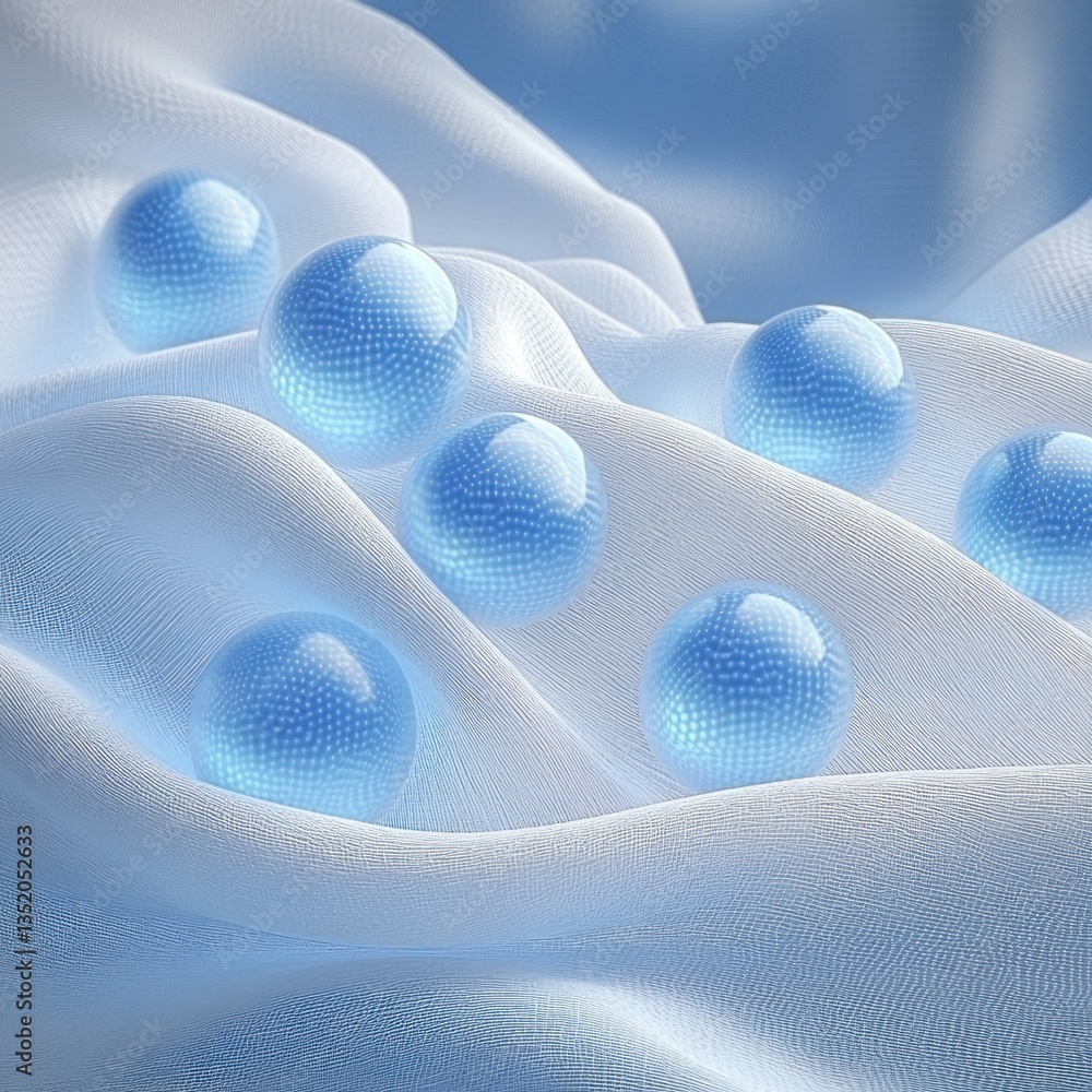 Poster hyper-realistic textured white fabric with translucent blue spheres and soft focus background