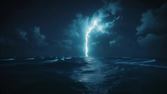 Lightning flash over ocean at night for dramatic visuals, weather education, blogs, and creative backgrounds