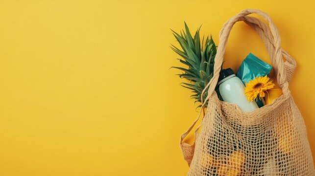 A stylish tote bag filled with zero waste items like fresh produce, a reusable bottle, and a flower against a bright yellow background