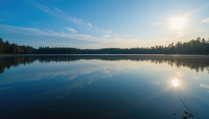 Tranquil lake sunrise a serene nature view