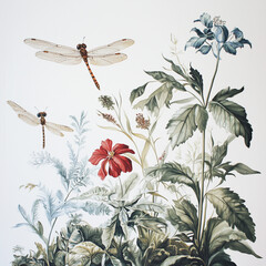 Dragonflies hovering over a lush garden filled with delicate flowers and vibrant greenery